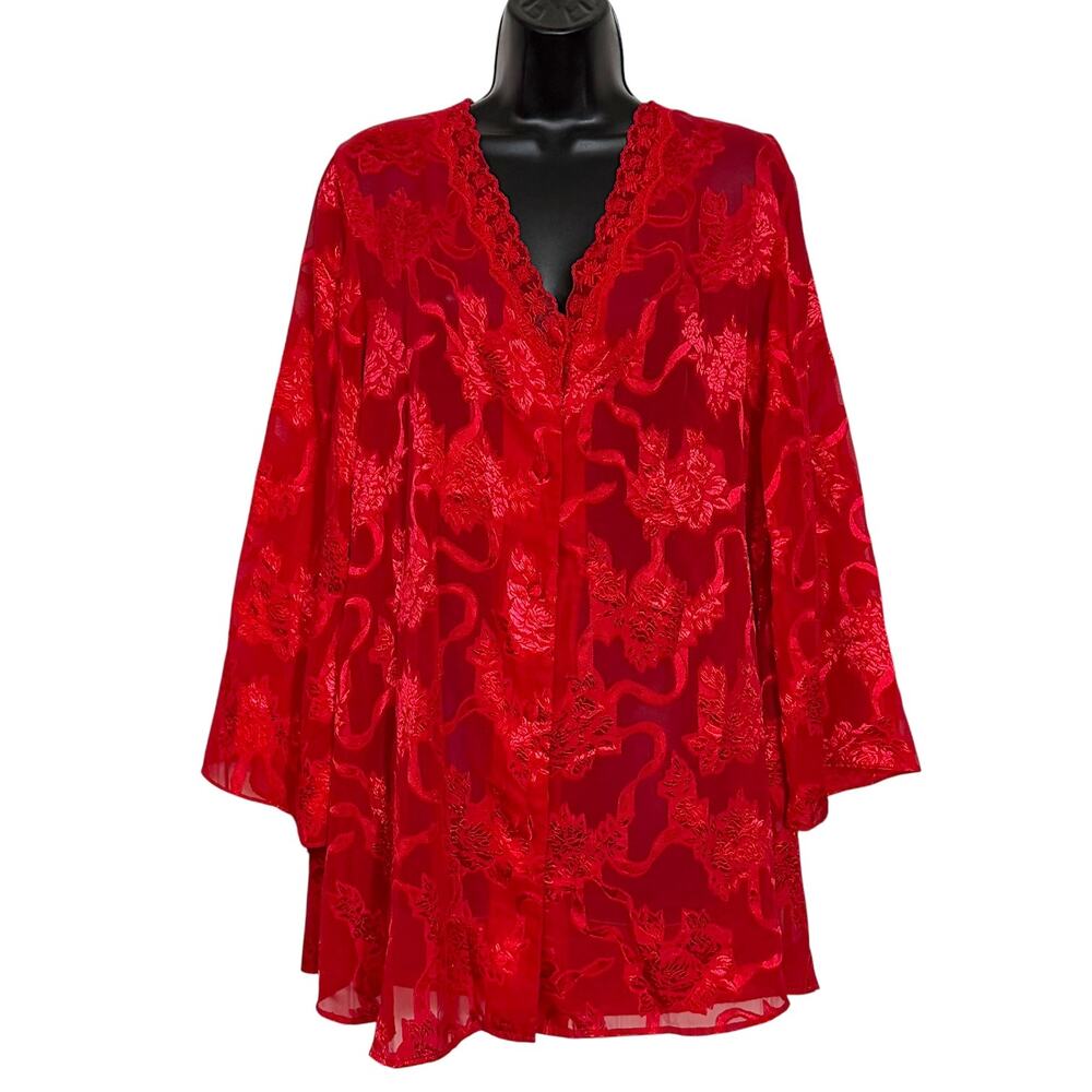 Vtg Red Burnout Satin Floral Lace Trim Lingerie Bed Jacket Blouse Coquette L